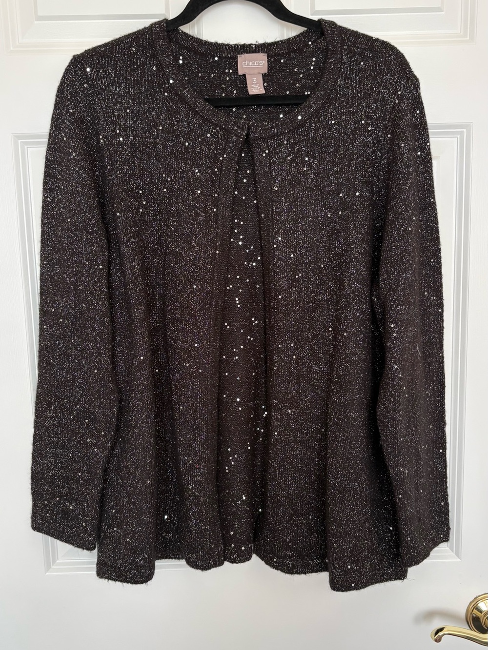Chico's Elegant Black Knit Cardigan with Silver Metallic Sequins